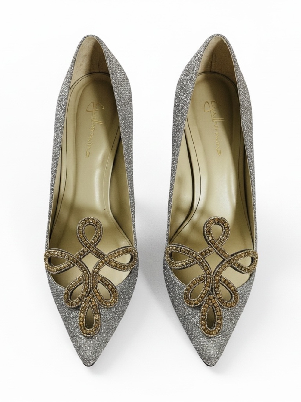 Giuliana Iridescent Glitter Pointed Toe Stiletto Heels with Gold Bead Appliqué